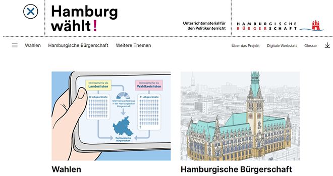 Ein Screenshot zeigt die Website www.hamburgwaehlt.de.