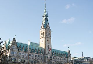 Hamburger Rathaus von vorne aus der Froschperspektive