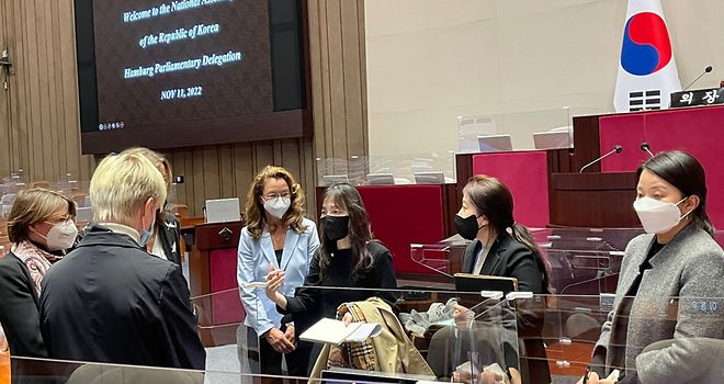Eine Frau steht im Plenarsaal der koreanischen Nationalversammlung und erzählt, im Hintergrund die koreanische Flagge und ein Bildschirm.