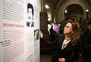 Carola Veit steht in der Rathausdiele und betrachtet eine der Informationstafeln der Ausstellung.