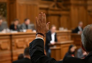 Ein Abgeordneter ist von hinten bei einer Bürgerschaftssitzung zu sehen, wie er die Hand hebt, um sich zu melden.