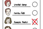 Vereinfachte Darstellung eines Wahlzettels. Auf diesem sind 4 Personen zu sehen. Bei einer Person ist ein rotes Kreuz gemacht worden.
