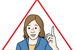 Frau mit erhobenen Zeigefinder in einem roten Dreieck.