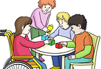 Vier Kinder spielen an einem Tisch mit Bauklötzen. Ein Kind sitzt im Rollstuhl.