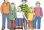 Eine erwachsene Person mit einer Gruppe von Kindern und Jugendlichen. Ein Kind sitzt im Rollstuhl.